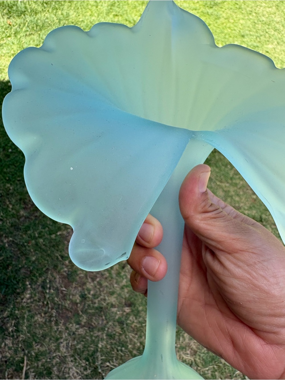 Vintage Blue Satin Art Glass Jack-in-the-Pulpit Vase Ruffle Trumpet Soft Frosted - Picture 6 of 11
